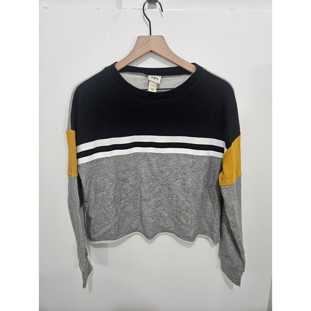 Daytrip Womens Colorblock Cropped Sweatshirt Black Grey Yellow Stripe Small